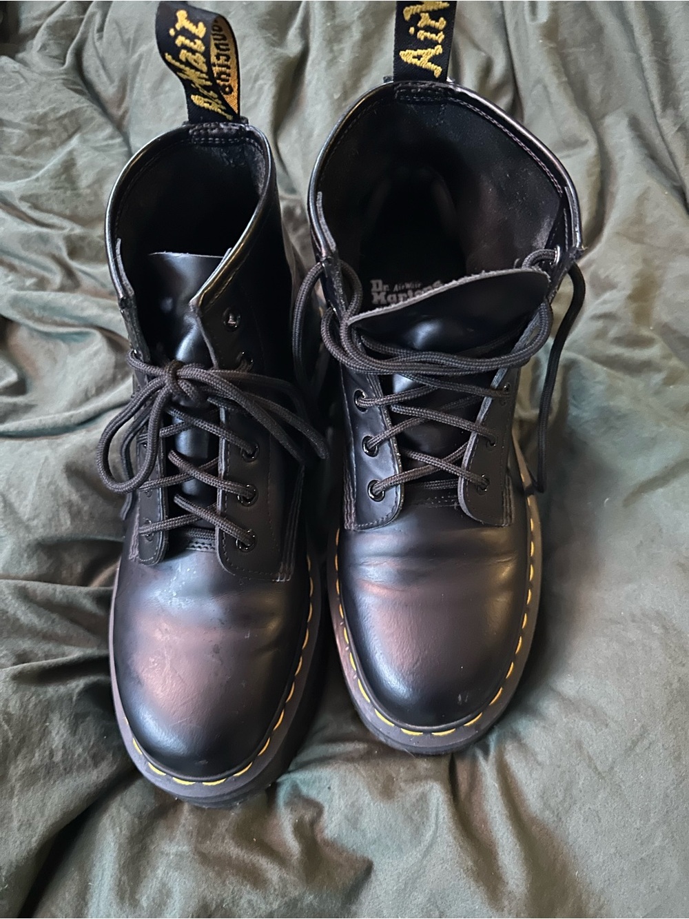 Dr. Martens Black Leather Lace-Up Ankle Boots with Yellow Stitching